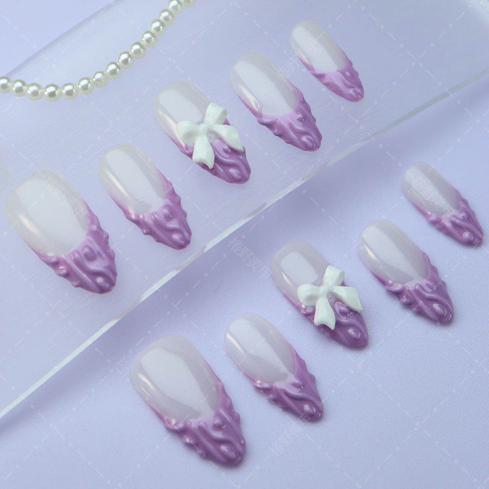 Popular Autumn and Winter Wear Nail White Fresh Purple Sweater Glossy Handmade Almond Nail Patch INS European and American Style