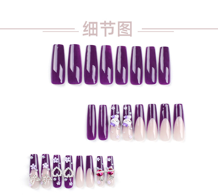 Love Pearl French Wear Armor Purple Hello Kitty Cat Manicure Silver Butterfly Flower Long Nail Tip