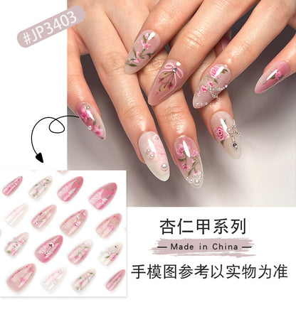 Summer New Monet Manicure Sweet Pink Blooming Rose Wear Nail Polish Short Almond Fake Nails