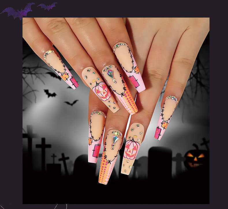 Wearing Nail Wholesale Halloween Frosted Nail Pink French Pumpkin Rhinestone Polka Dot Nail Sticker Finished Nail Beauty