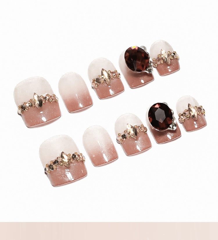 French Style Light Brown Cat's Eye Gradient Manicure Sweet College Style Wear Nail Rhinestone Flash Short Fake Nails Nail Tip