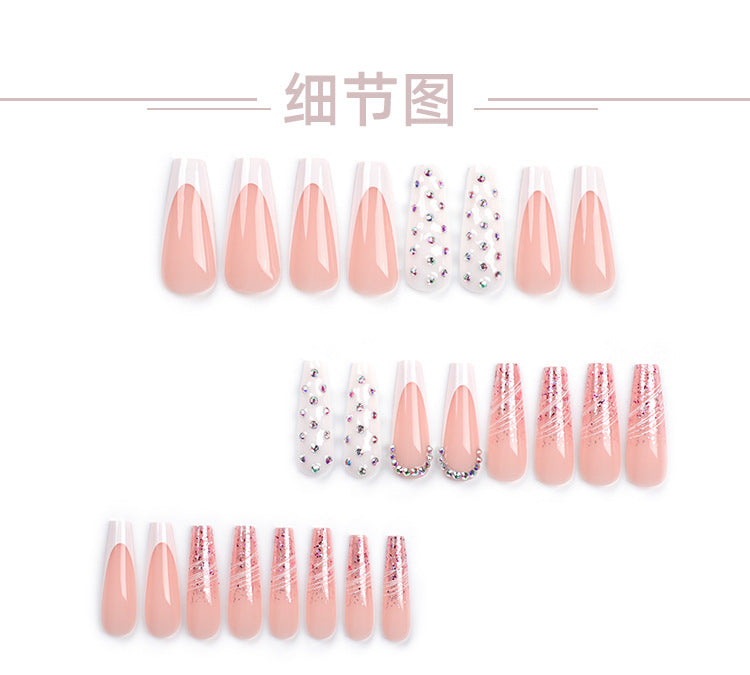 New French Style White Edge Sequins Manicure Full Diamond Diamond-Embedded Wear Nail Polish Piece White Curve Line Nail Sticker Wholesale