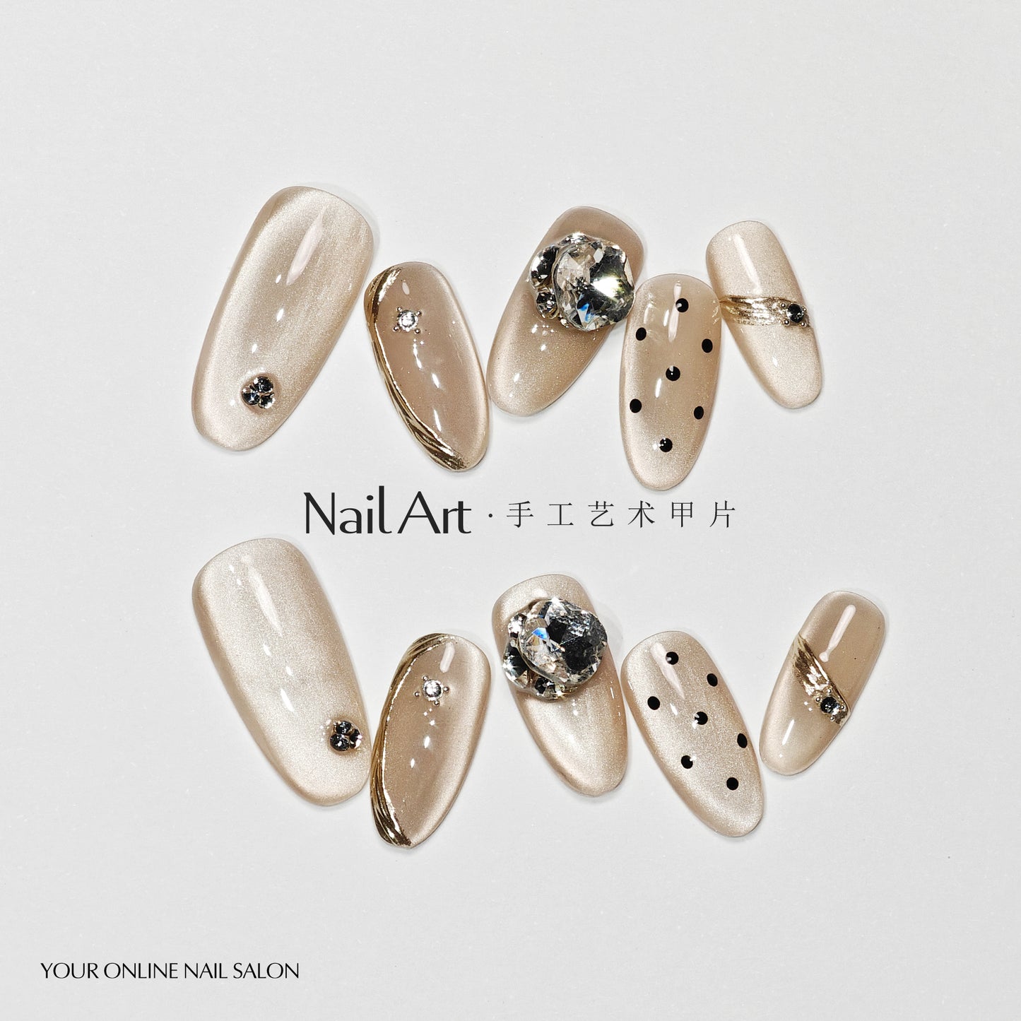 Qiuyi Handmade Wear Nail Short Cat Eye Ice Transparent Almond Nail White Handmade Nail Stickers Fake Nails Wholesale