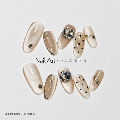 Qiuyi Handmade Wear Nail Short Cat Eye Ice Transparent Almond Nail White Handmade Nail Stickers Fake Nails Wholesale