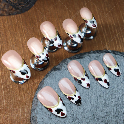 Hot Selling Handmade Wear Nail Hand Painted Cows Pattern French Almond Nail Finished Manicure Small Sweet Potato ins Popular Style