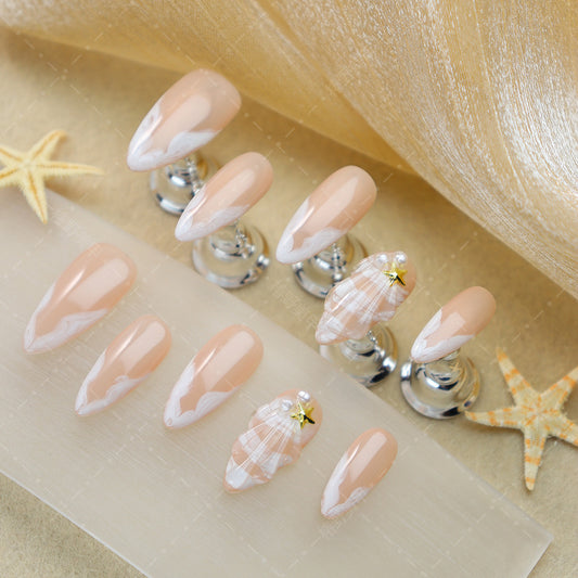 Cross-Border Handmade Wear Nail Small Fresh Shell Starfish Hand Painted White Wings Nail Tip Finished Products Wholesale Detachable