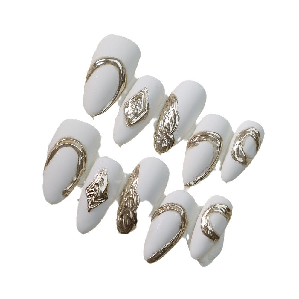 White Queen Metal Gold Plated and Branded Almond Nail Handmade Wear Nail Matte Texture White Nail Stickers European and American Style