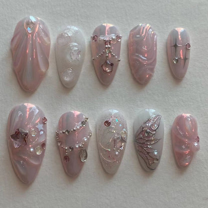 Sweet Pink XINGX Nail Art3D Marine Shell Wear Armor Three-Dimensional Butterfly Rhinestone Nail Tip fake nails