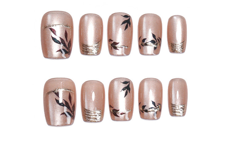 Nude Pink Cat Eye Wear Nail French Bronzing Nail Polish Cross-Border Hot Selling Leaves Nail Tip press on nails