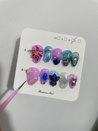 Cross-Border European and American Hot Hand-Painted Happy Underwater World Hot Selling Popular Style Pinch White High-Grade Mid-Length Manicure