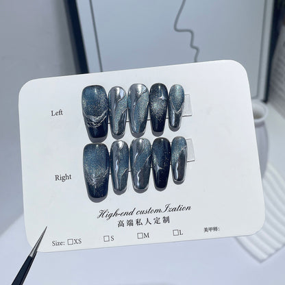 Xinghe Cat Eye Light Luxury Metal Hand-Worn Armor European and American Style Mid-Length Nail Stickers Wearable Fake Nails