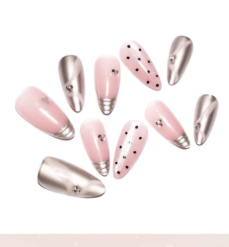 Internet Celebrity French Style3D Silver Magic Mirror Effect Powder Wear Nail Pink Sweet Cat Eye Nail Art Spot Drill Ribbon Fake Nails Nail Tip