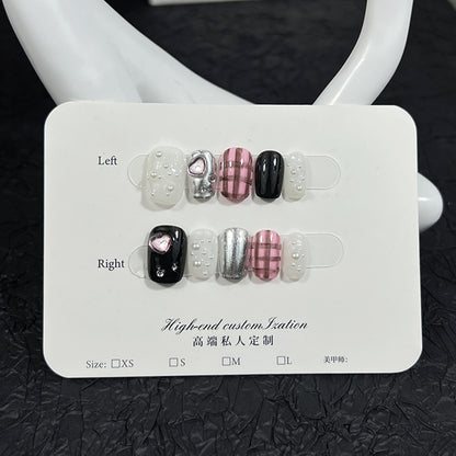 Love Light Diamond Hand-Painted Plaid White High Sense Nail Stickers Handmade Wear Nail Xiaohongshu Same Style Manicure