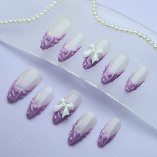 Popular Autumn and Winter Wear Nail White Fresh Purple Sweater Glossy Handmade Almond Nail Patch INS European and American Style