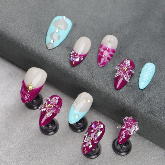 Hot Sale Handmade Wearing Nail Painted Flower Three-Dimensional Crystal Ice Flower Ink Blue Color Jumping Texture Nail Stickers