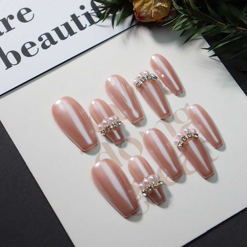 Advanced Phototherapy Pink Aurora Solid Color Handmade Wear Nail Simple Pearl Pink Nail Piece Long Ladder Gentle Gold