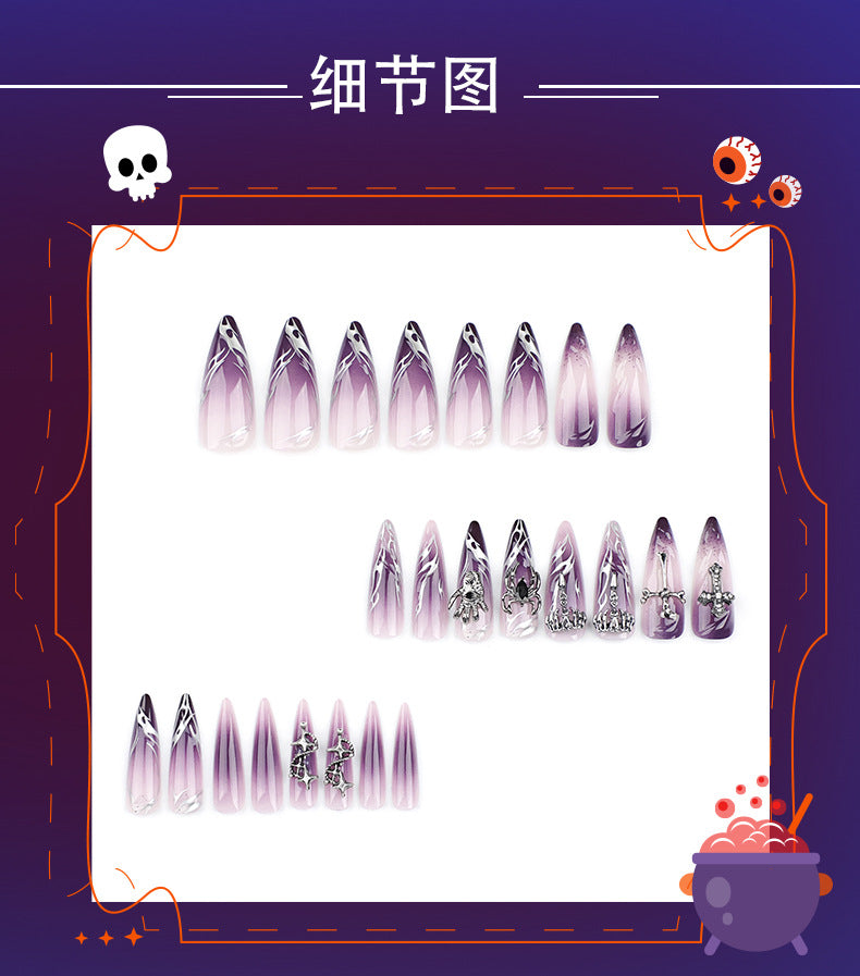 Halloween Cool Wear Nail French Flame Cross Manicure Purple Smudges Spider Nail Tip Finished Product Wholesale