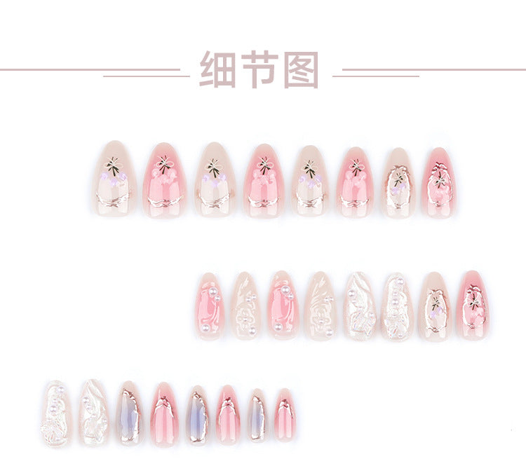 Spot Drill Aurora Butterfly Wear Nail Fresh Blush Blooming Nail Tips Pearl Bow Fake Nails Wholesale