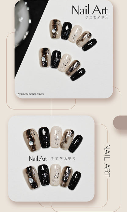 Handmade Wear Nail Hand Painted Black Blooming Watercolor Advanced Texture Short Nail Stickers Fake Nail Tip Wholesale