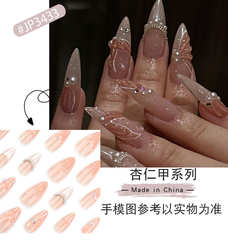 Cross-Border Hot Selling Fishtail Wearable Manicure Short3D Fake Nails Pearl Shining Diamond Wear Nail Polish Finished Product Wholesale