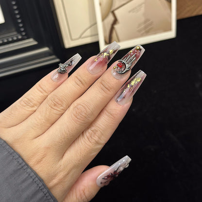 Cross-Border New Arrival Autumn and Winter Handmade Wear Nail Dark Red Hot Girl Three-Dimensional Butterfly Personality Finished Product Removable Nail Sticker