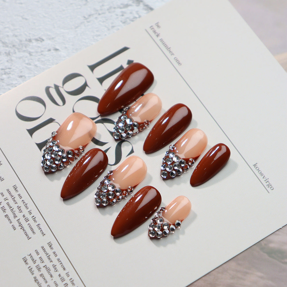 New Style Hand-Made Hand-Made French Almond Jump Color with Diamond Flash Light Luxury Detachable Finished Nail Beauty