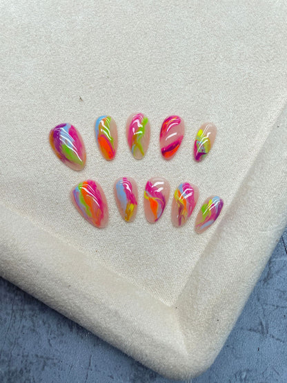 Europe and America Cross Border Hot Sale ins Wind Hand-Painted Color Dopamine Stripe Temperament Advanced Short Almond Nail Art