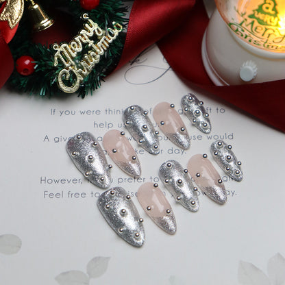 New Nail Beauty Patch Wearing Nail Advanced Autumn and Winter Christmas New Year Atmosphere Flash French Small Steel Ball Fake Nail Stickers