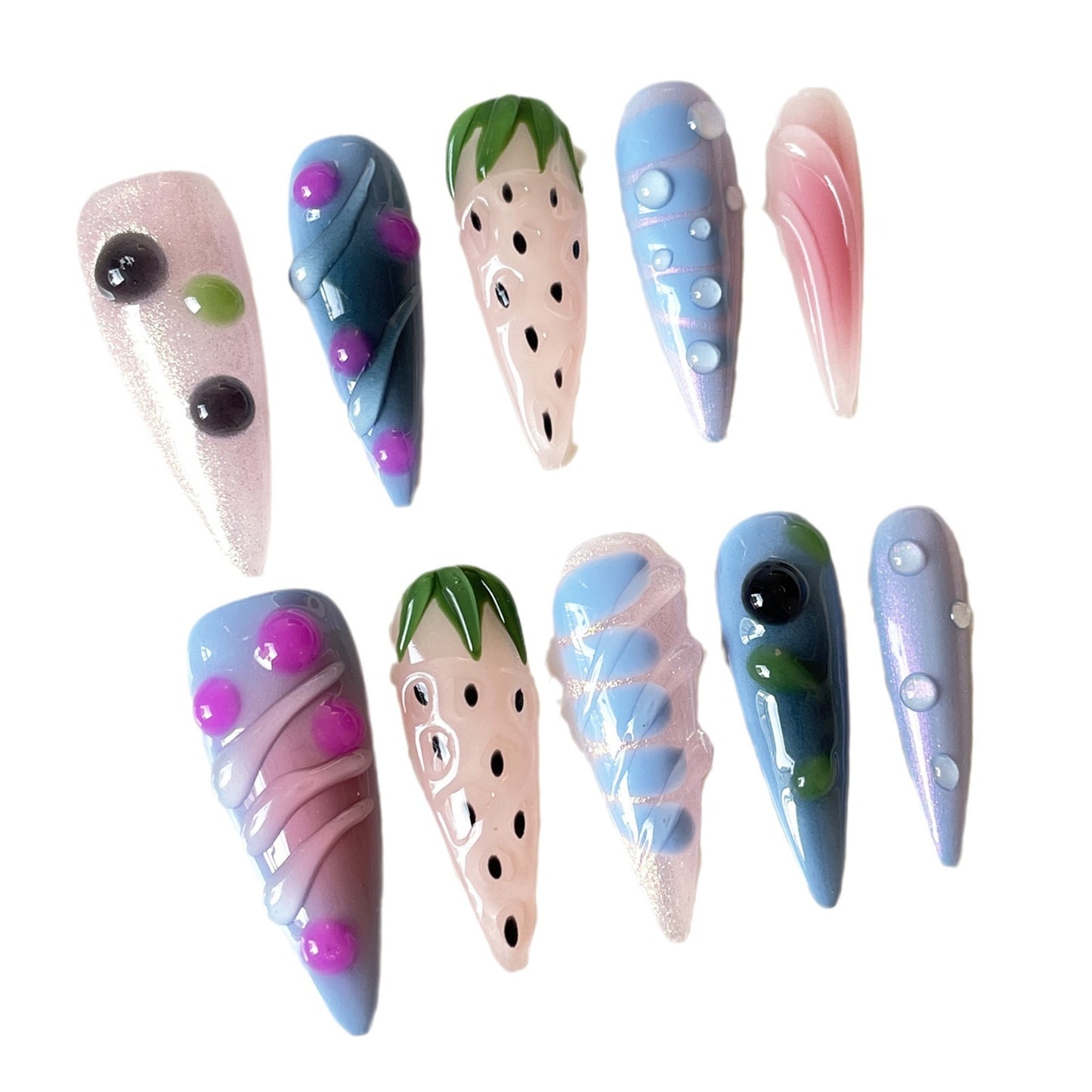 【Dyed Nail】Ice Crystal Strawberry Cute Fruit Style Handmade Wear Armor3D Embossed Hand-Painted Long Nail Stickers