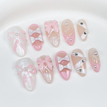 【Dyed Nail】Ballet Shoes Pure Desire Sweet Relief Hand-Painted Bow Hand-Worn Fake Nail Patch