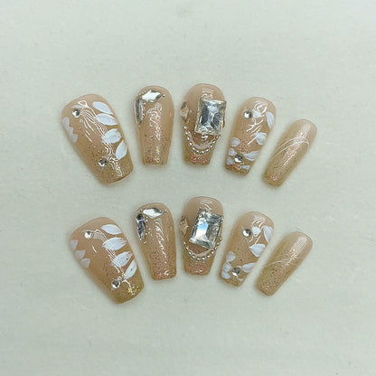 Handmade Wear Nail Short Ladder Thin and Glittering Hand Painted Small Flower Cube Candy Diamond Wear Nail Pure Want to Show White Nail Stickers UV Nail