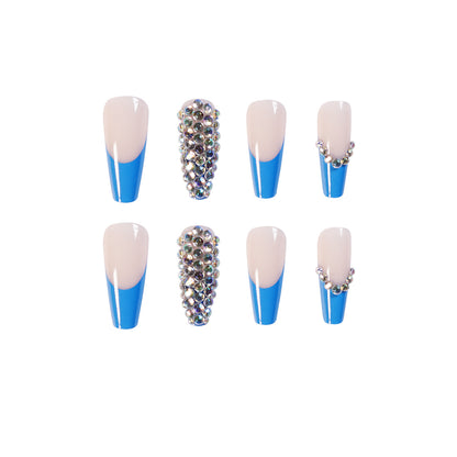 Blue French Full Diamond presson nail Wear Finished Nail Beauty Fake Nails Detachable Nail Stickers Exclusive for Cross-Border