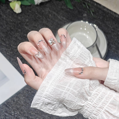 Handmade Wear Armor High-Grade Summer ins Wind Cat Eye Flashing Ice Transparent Almond Nail Hand Made Armor Fake Nails