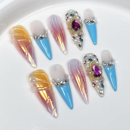 Handmade Wear Nail Sweet Hot Girl Spray Gun Blush European and American Flash Ice Transparent French Nail Wear Fake Nails