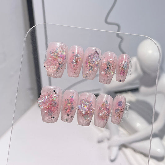 Hand-Worn Nail Blush Flash Sequins Three-Dimensional Camellia Short Nail Stickers Wearable Nail Sticker Wholesale