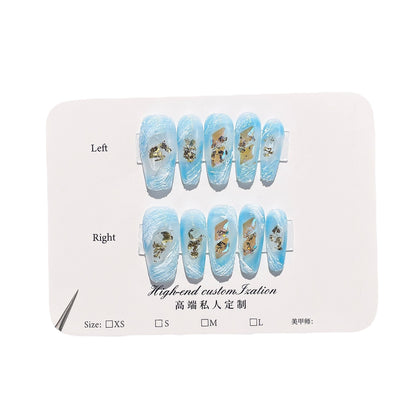 Handmade Wear Armor Blue Blooming Aurora Diamond Mid-Length Nail Stickers Wearable Nail Sticker Fake Nails