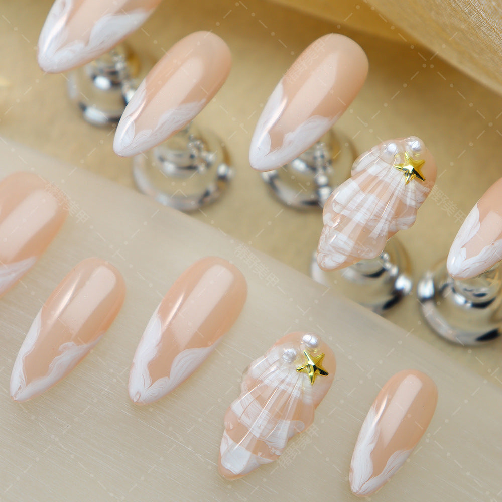 Cross-Border Handmade Wear Nail Small Fresh Shell Starfish Hand Painted White Wings Nail Tip Finished Products Wholesale Detachable