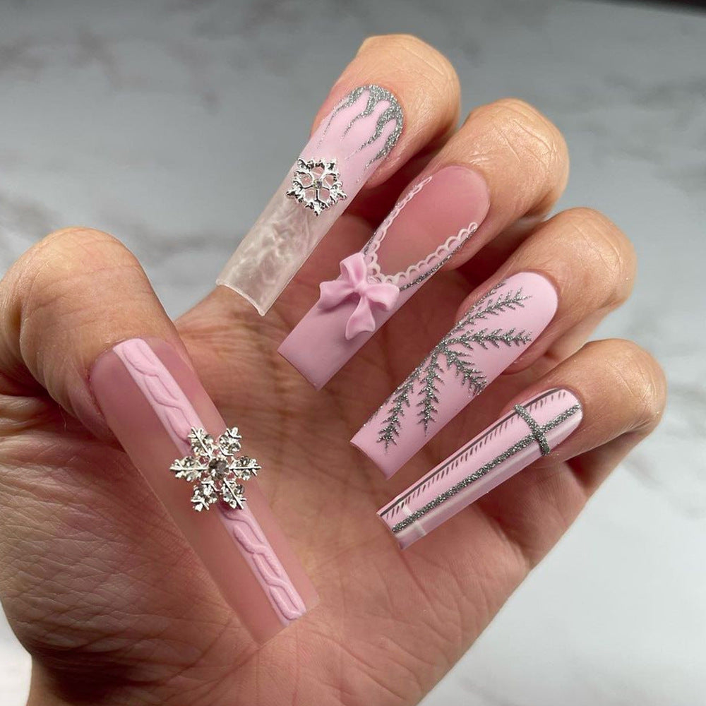 Super Long Water Pipe Nail Fake Nails Pink Sweet Tridimensional Bow Christmas Wear Nail French Snowflake Nail Tip