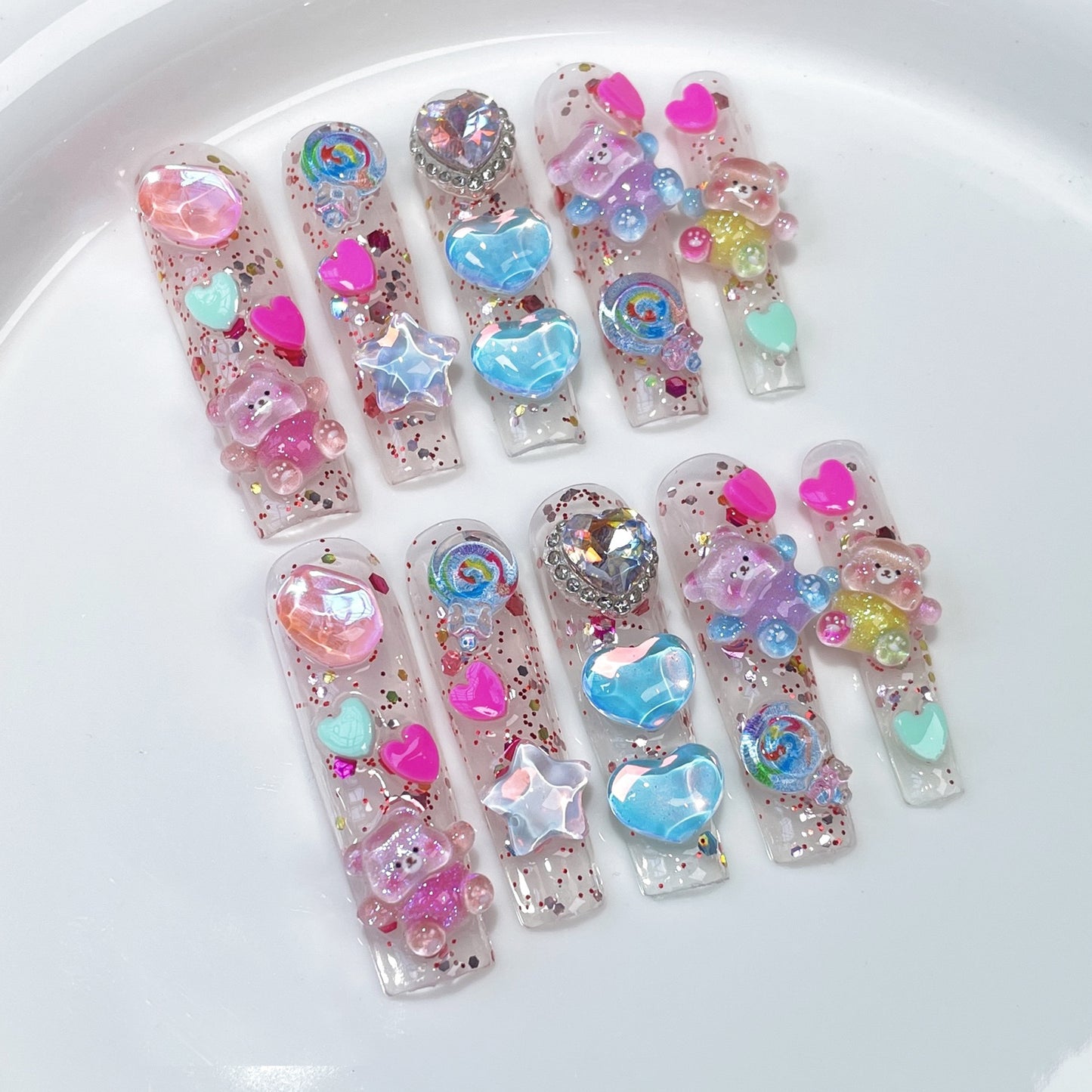 European and American Mid-Length Water Pipe Nail Stickers Flash Ice Transparent Hot Girl Hand-Worn Armor Cross-Border Export Fake Nails Wholesale