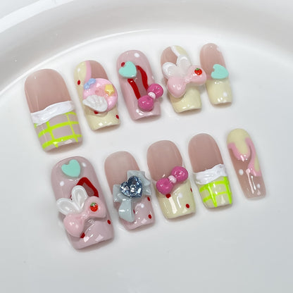 Sweet and Cute Hand-Worn Armor Medium and Rectangular Pure Want Ice Transparent Hand-Painted Nail Stickers Wearable Fake Nails Wholesale