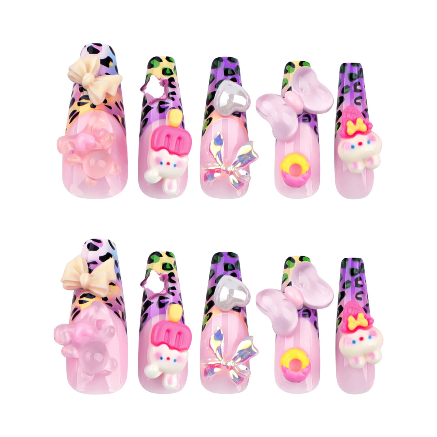 French Color Leopard Print Manicure Sweet Cute Three-Dimensional Bow Wear Nail Adorable Rabbit Love Nail Tip Finished Product Wholesale