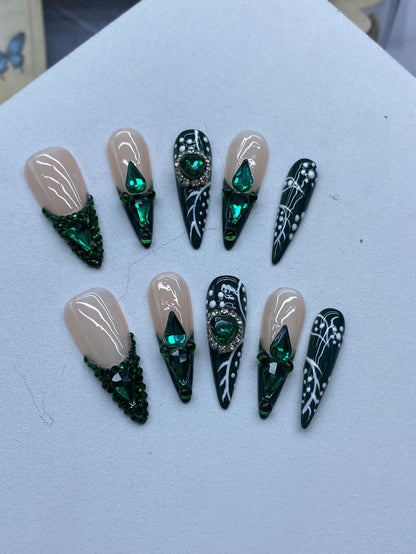 European and American Style Hot Selling Long Pointed Hand-Worn Armor Emerald French Style Full Diamond High-Grade White Manicure