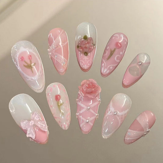 French Cute Girl Pink Nail Art Three-Dimensional Flower Wear Nail Tulip Ribbon Fake Nails Nail Tip Finished Product Wholesale