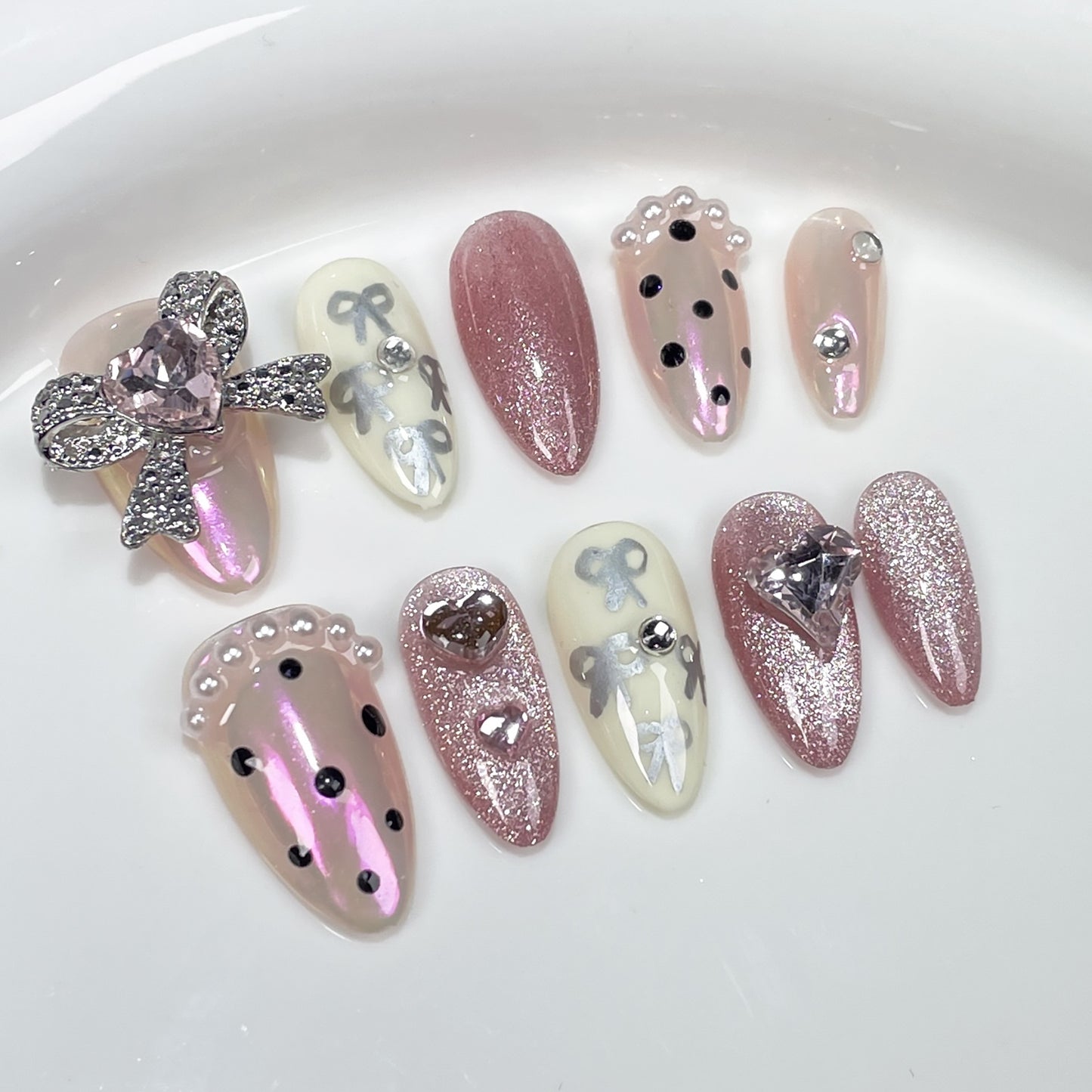 Handmade Wear Nail Sweet Cute Aurora Nail Stickers Hand Painted Bow European and American Almond Nail Cross-Border Manicure