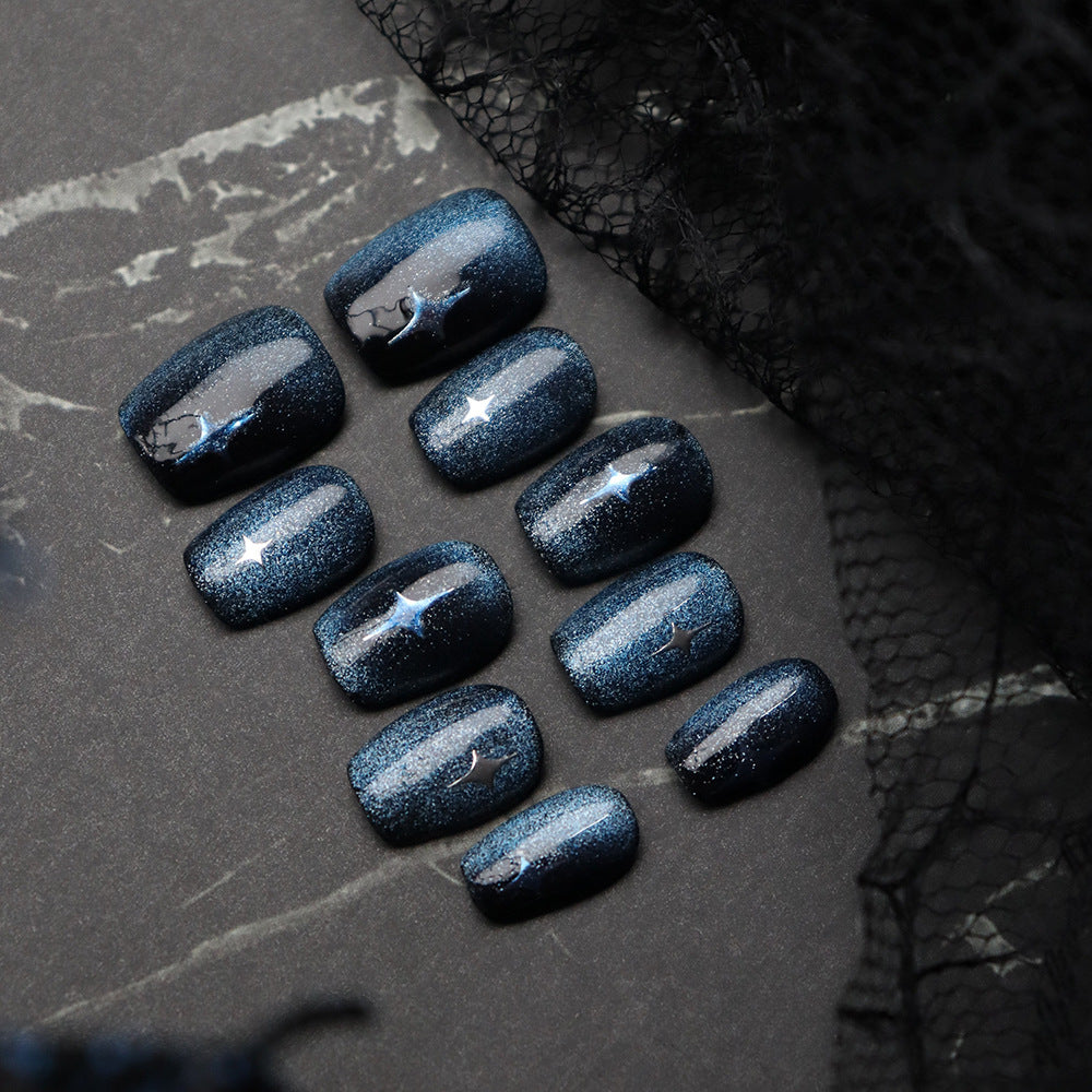 Short Ballet Hand-Worn Armour Night Sky Cat Eye XINGX Nail Stickers European and American Sweet Cool Rock Sky Blue Fake Nails