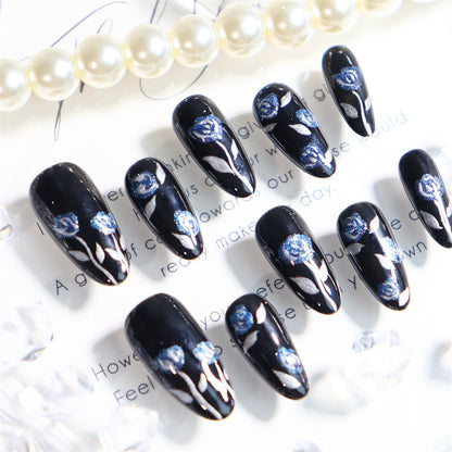 New Dark Night Rose Hand-Painted Elegant Hand-Worn Armor Black Oval Dark Knight Fake Nail Tip UV Nail Beauty