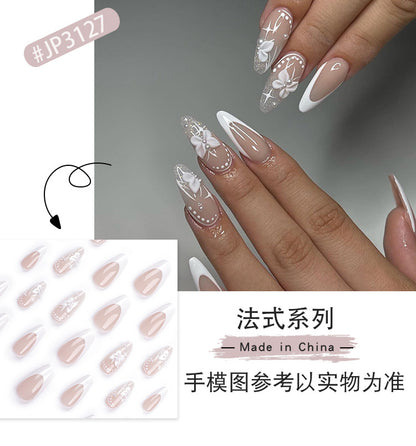 3D Bow Wear Nail White French Manicure Internet Celebrity Xiaohongshu Pure Desire Asterism Wear Nail Tip Finished Product Wholesale