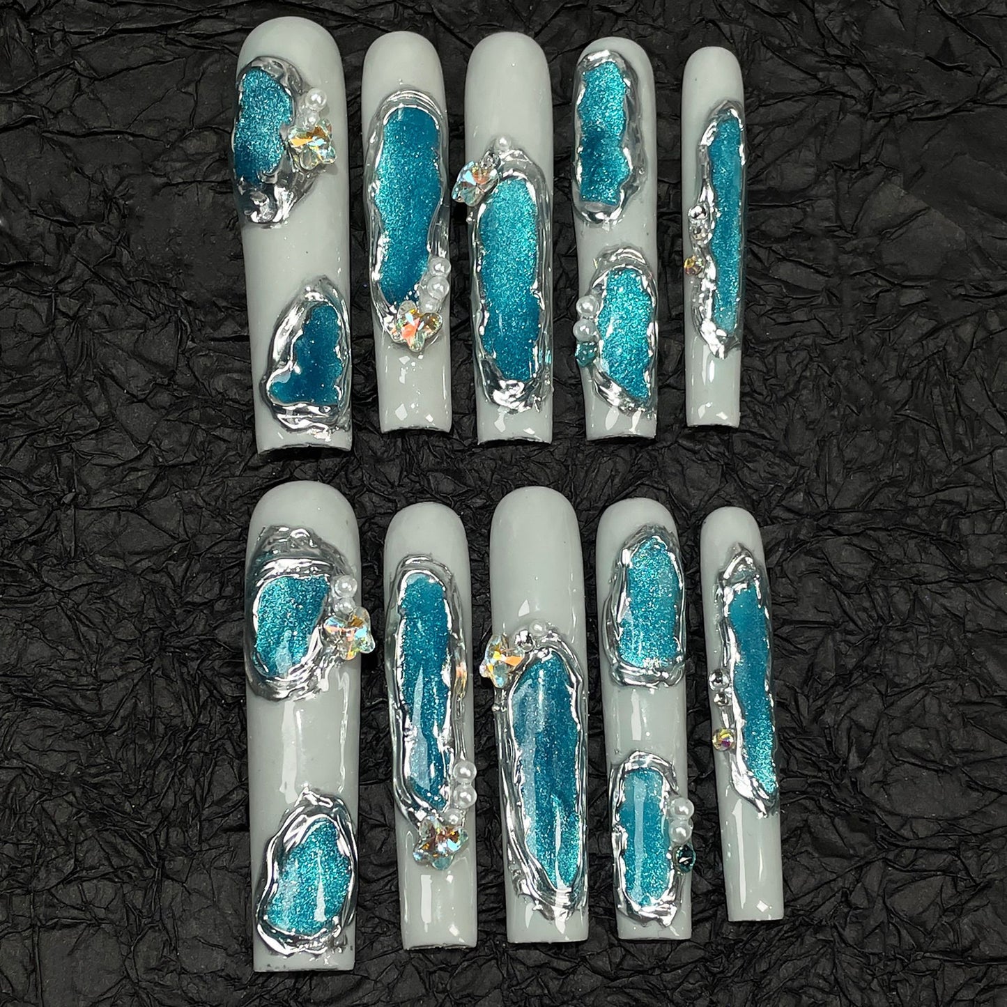 European and American Super Long Water Pipe Nail Art Irregular Shape Blue Cat Eye Handmade Wear Nail Advanced Light Luxury Nail Stickers