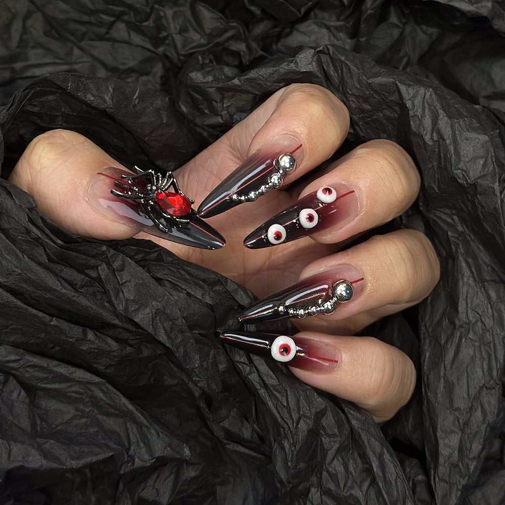 Cross-Border Hot Selling European and American Long Pointed Hand-Worn Nail Three-Dimensional Nail Ornament Bloody Rivet Spider Halloween Nail Tip