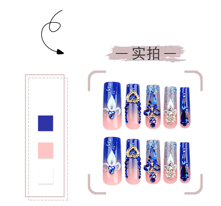 French Wear Nail Wholesale Cross-Border Hot Rhinestone Flash Nail Tips Finished Water Pipe Type Rectangular Nail Fake Nails